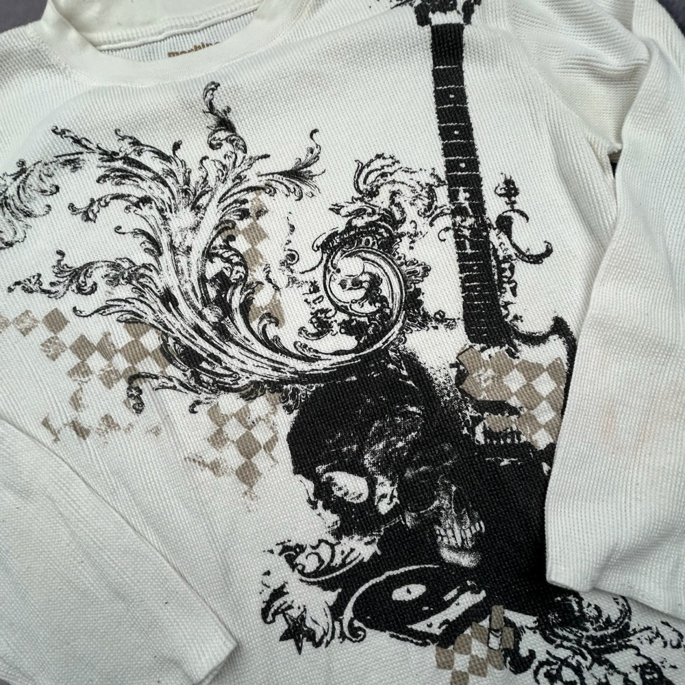 Vintage Machine Skull Guitar Thermal Shirt Mens Medium White Y2K Waffle Knit - Picture 3 of 6